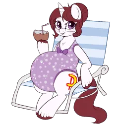 Size: 850x901 | Tagged: safe, artist:lulubell, derpibooru import, oc, oc:amy, pony, unicorn, beach chair, belly, big belly, chair, clothes, coconut cup, female, glasses, image, mare, one-piece swimsuit, png, pregnant, simple background, solo, straw, swimsuit, transparent background