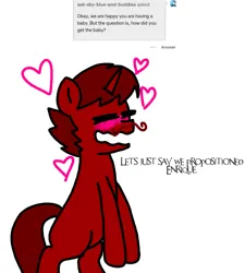 Size: 1275x1414 | Tagged: suggestive, artist:professorventurer, derpibooru import, oc, oc:enrique, unofficial characters only, pony, unicorn, series:ask pippamena, bipedal, blushing, facial hair, heart, image, implied pipp petals, in love, male, moustache, open mouth, png, stallion, swoon