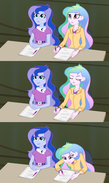 Size: 1904x3192 | Tagged: safe, derpibooru import, princess celestia, princess luna, human, equestria girls, rainbow rocks, battle of the bands, image, image react, judging, png, principal celestia, surprised, upset, vice principal luna, writing