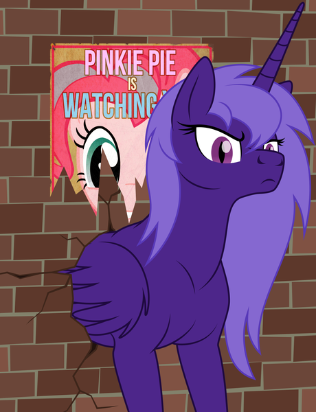 Size: 1270x1655 | Tagged: safe, artist:grypher, derpibooru import, pinkie pie, oc, oc:violet gale, fallout equestria, artificial alicorn, grumpy, image, looking at you, png, poster, purple alicorn (fo:e), solo, stuck, vector, wall