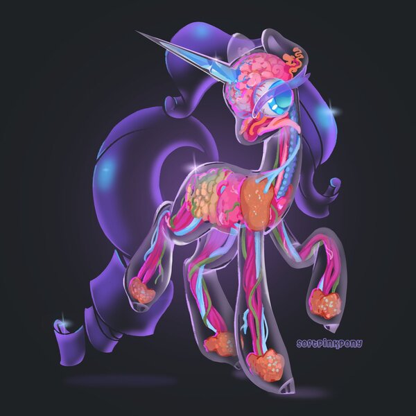 Size: 2048x2048 | Tagged: semi-grimdark, artist:softpinkpony, derpibooru import, rarity, unicorn, black background, blood vessel, brain, crystal horn, eyeball, glass pony, horn, image, jpeg, not salmon, organs, raised hoof, simple background, transparent flesh, wat, what has magic done, what has science done