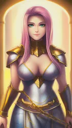 Size: 864x1536 | Tagged: suggestive, derpibooru import, editor:sammykun, machine learning generated, novelai, stable diffusion, fluttershy, human, armor, breasts, bust, busty fluttershy, chains, clothes, fantasy class, female, gauntlet, gold, humanized, image, looking at you, metal, png, shoulder pads, solo, solo female, unconvincing armor, warrior, warrior fluttershy