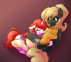 Size: 3080x2672 | Tagged: safe, artist:witchtaunter, derpibooru import, oc, oc:elegy, oc:veen sundown, unofficial characters only, pegasus, unicorn, clothes, cuddling, duo, duo female, eyes closed, female, gradient background, hoodie, horn, hug, image, pegasus oc, piercing, png, snuggling, socks, striped socks, sundown clan, unicorn oc, wing piercing, wings