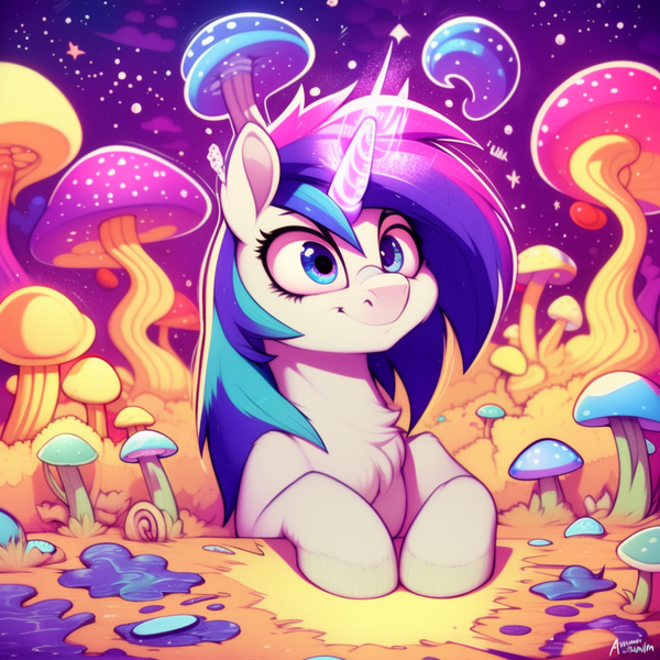 Size: 1536x1536 | Tagged: safe, ai content, derpibooru import, machine learning generated, purplesmart.ai, stable diffusion, vinyl scratch, pony, unicorn, g4, chest fluff, derpibooru exclusive, drug use, drugs, female, generator:purplesmart.ai, glow, glowing horn, horn, image, magic, mare, mushroom, png, prompter:zealousmagician, solo, upscaled