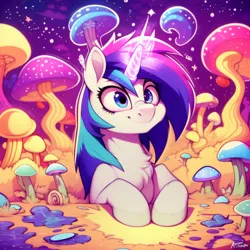 Size: 1536x1536 | Tagged: safe, derpibooru import, machine learning generated, purplesmart.ai, stable diffusion, vinyl scratch, pony, unicorn, chest fluff, derpibooru exclusive, drug use, drugs, female, glow, glowing horn, horn, image, magic, mare, mushroom, png, solo