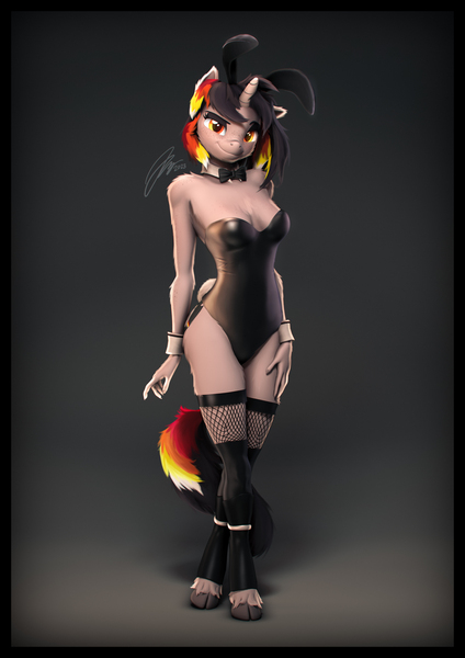 Size: 4000x5656 | Tagged: suggestive, artist:imafutureguitarhero, derpibooru import, oc, oc:moonshine, unofficial characters only, anthro, classical unicorn, unguligrade anthro, unicorn, 3d, absurd resolution, adorasexy, arm fluff, arm freckles, bedroom eyes, boob freckles, boots, border, bowtie, breast fluff, breasts, bunny ears, bunny suit, bunny tail, cheek fluff, chest fluff, chest freckles, chin fluff, chromatic aberration, cleavage, cleavage fluff, clothes, cloven hooves, collar, colored eyelashes, commission, corset, cuffs (clothes), cute, ear fluff, ear freckles, eyeshadow, female, fishnets, floppy ears, fluffy hair, fluffy mane, fluffy tail, freckles, fur, hoof boots, hoof fluff, horn, image, jpeg, latex, latex clothes, latex stockings, leg fluff, leonine tail, long nails, looking at you, makeup, multicolored hair, multicolored mane, multicolored tail, nose wrinkle, one ear down, revamped anthros, revamped ponies, sexy, shadow, shoes, shoulder fluff, shoulder freckles, signature, skindentation, smiling, smiling at you, socks, solo, solo female, source filmmaker, stockings, sultry pose, tail, thigh highs, unshorn fetlocks, wall of tags, wrist cuffs