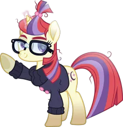 Size: 3620x3747 | Tagged: safe, artist:lincolnbrewsterfan, derpibooru import, part of a set, moondancer, pony, unicorn, amending fences, .svg available, bushy brows, button, clothes, cute, dancerbetes, derpibooru exclusive, glasses, glow, glowing horn, hair beads, happy, horn, image, inkscape, lidded eyes, looking back, looking up, magic, magic aura, messy hair, messy mane, messy tail, moon, movie accurate, multicolored mane, multicolored tail, part of a series, png, purple eyes, raised hoof, simple background, smiling, stars, striped mane, striped tail, sweater, tail, thick eyebrows, transparent background, vector