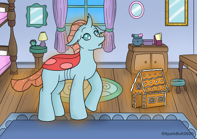 Size: 2283x1614 | Tagged: safe, artist:sparkbolt3020, derpibooru import, ocellus, changedling, changeling, bed, bedroom, gingerbread (food), gingerbread house, image, lamp, png, stool, story in the source, transformation, transformation sequence, wagon