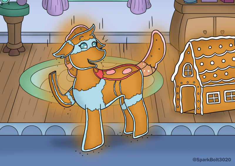 Size: 2283x1614 | Tagged: safe, artist:sparkbolt3020, derpibooru import, ocellus, changedling, changeling, bedroom, food transformation, gingerbread (food), gingerbread house, image, png, shrinking, story in the source, transformation, transformation sequence