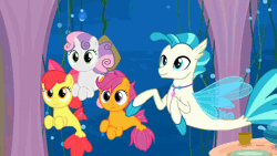Size: 1280x720 | Tagged: safe, derpibooru import, apple bloom, scootaloo, sweetie belle, terramar, pony, seapony (g4), season 8, surf and/or turf, spoiler:s08, animated, belly button, cup, cute, cutie mark crusaders, female, filly, gif, happy, image, jewelry, necklace, pearl, pearl necklace, sea-mcs, seaponified, seapony apple bloom, seapony scootaloo, seapony sweetie belle, species swap, table, underwater, water