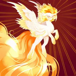 Size: 1800x1800 | Tagged: safe, artist:damayantiarts, derpibooru import, daybreaker, alicorn, curved horn, four wings, glow, glowing horn, horn, image, jpeg, multiple wings, redesign, smiling, solo, spread wings, wing ears, wings