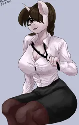 Size: 2417x3790 | Tagged: suggestive, artist:ryanmandraws, derpibooru import, raven, anthro, absolute cleavage, big breasts, breasts, busty raven, cleavage, clothes, female, glasses, image, jpeg, looking at you, necktie, office, revealing clothing, sitting, skirt, tight clothing