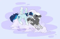Size: 2676x1771 | Tagged: safe, artist:luna_mcboss, derpibooru import, oc, oc:double stuff, oc:fast horse, unofficial characters only, pegasus, pony, background, big eyes, biting, blue coat, butt bite, chest fluff, cloud, coat markings, cookie, crying, folded wings, food, glasses, gray coat, image, male and female, mottled coat, on a cloud, pegasus oc, pink eyes, png, pony oc, purple background, screaming, simple background, socks (coat marking), spread wings, standing on a cloud, tears of pain, teary eyes, white hair, wings