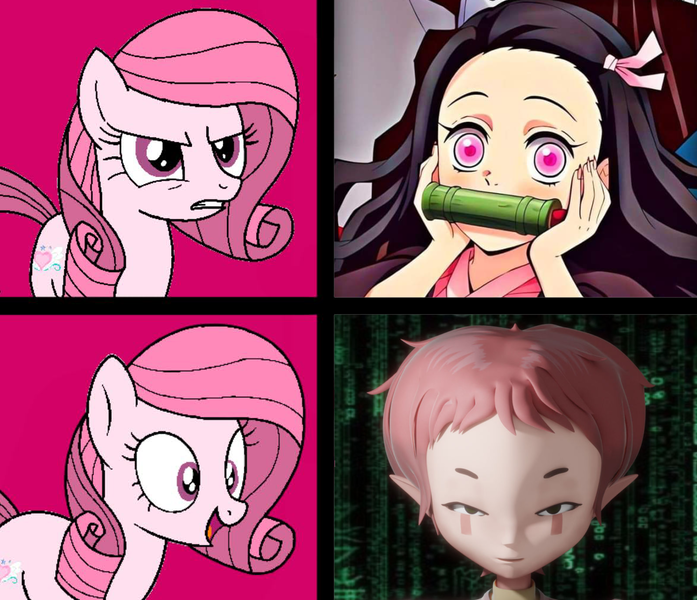 Size: 1173x1010 | Tagged: safe, artist:noi kincade, artist:tanahgrogot, derpibooru import, oc, oc:annisa trihapsari, earth pony, human, pony, aelita schaeffer, angry, code lyoko, crossover, demon slayer, happy, image, meme, nezuko kamado, open mouth, open smile, png, smiling