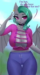 Size: 2104x4000 | Tagged: suggestive, artist:evlass, derpibooru import, oc, oc:clover, unofficial characters only, anthro, bat pony, absolute cleavage, big breasts, breasts, choker, cleavage, commission, ear piercing, earring, image, jewelry, lidded eyes, looking at you, midriff, piercing, png, solo, spread wings, thigh gap, wings, ych result