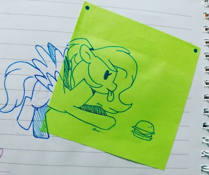 Size: 960x803 | Tagged: safe, artist:darkynez, derpibooru import, oc, unofficial characters only, pegasus, pony, burger, food, hamburger, image, jpeg, post-it, reaching, solo, sticky note, tongue out, traditional art