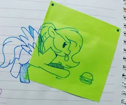 Size: 960x803 | Tagged: safe, artist:darkynez, derpibooru import, oc, unofficial characters only, pegasus, pony, burger, food, hamburger, image, jpeg, post-it, reaching, solo, sticky note, tongue out, traditional art