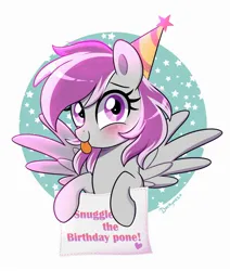 Size: 2200x2600 | Tagged: safe, artist:darkynez, derpibooru import, oc, unofficial characters only, pony, birthday, blushing, happy, hat, image, jpeg, looking at you, party hat, raspberry, sign, smiling, solo, spread wings, tongue out, wings