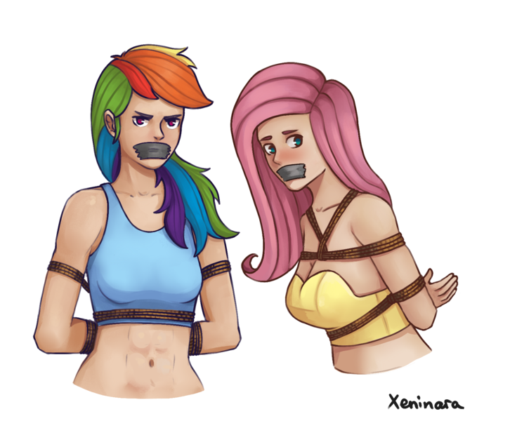 Size: 1608x1329 | Tagged: safe, alternate version, artist:xeninara, derpibooru import, fluttershy, rainbow dash, human, arm behind back, bondage, bound, clothes, damsel in distress, duo, duo female, female, gag, humanized, image, png, rope, rope bondage, ropes, simple background, tape, tape gag, tied up, underwear, white background