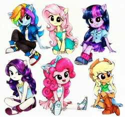 Size: 3170x2975 | Tagged: safe, artist:liaaqila, derpibooru import, part of a set, applejack, fluttershy, pinkie pie, rainbow dash, rarity, twilight sparkle, human, equestria girls, equestria girls series, big eyes, boots, butterfly hairpin, chibi, clothes, converse, cowboy boots, cowboy hat, cute, dashabetes, diapinkes, doll, equestria girls minis, eye clipping through hair, eyebrows, eyebrows visible through hair, female, fluttershy boho dress, hat, high res, humanized, image, jackabetes, jpeg, kneeling, mane six, open mouth, pony ears, rarity peplum dress, shoes, shyabetes, signature, simple background, sitting, smiling, starry eyes, toy, toy interpretation, traditional art, watercolor painting, white background, wingding eyes