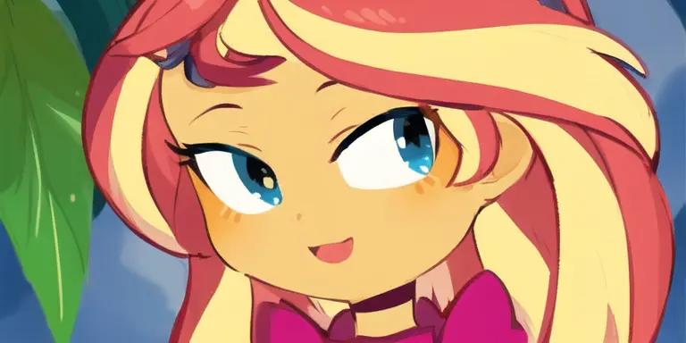 Size: 768x384 | Tagged: safe, artist:luckreza8, derpibooru import, edit, edited screencap, machine learning generated, screencap, sunset shimmer, human, equestria girls, equestria girls series, i'm on a yacht, spoiler:eqg series (season 2), :d, anime, background, female, image, open mouth, open smile, pinegraph, png, smiling