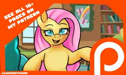 Size: 1153x693 | Tagged: suggestive, artist:asinglepetal, artist:fallenandscattered, artist:lilacnightmare, derpibooru import, fluttershy, pegasus, pony, advertisement, bedroom eyes, female, image, jpeg, looking at you, mare, patreon, patreon logo, patreon preview