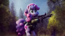 Size: 2560x1424 | Tagged: safe, derpibooru import, machine learning assisted, sweetie belle, pony, unicorn, bipedal, clothes, forest, gun, hind legs, image, military uniform, outdoors, png, solo, tree, uniform, wallpaper, weapon