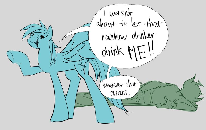 Size: 1899x1200 | Tagged: safe, artist:ecstasydemon, derpibooru import, rainbow dash, human, pegasus, pony, female, gray background, image, jpeg, simple background, speech bubble