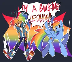 Size: 1325x1136 | Tagged: safe, artist:ecstasydemon, derpibooru import, rainbow dash, human, pony, duo, female, human ponidox, humanized, image, jpeg, lesbian, partial background, self paradox, self ponidox, vulgar