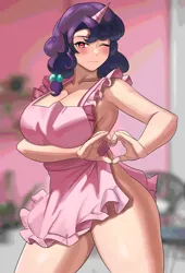 Size: 2785x4096 | Tagged: suggestive, artist:tzc, derpibooru import, sugar belle, human, apron, blurry background, breasts, clothes, female, heart hands, hips, horn, humanized, image, indoors, legs, looking at you, naked apron, one eye closed, partial nudity, png, smiling, solo, solo female, unicorn horn, wink, winking at you