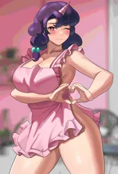 Size: 737x1084 | Tagged: suggestive, artist:tzc, derpibooru import, sugar belle, human, apron, blurry background, breasts, busty sugar belle, clothes, female, heart hands, hips, horn, humanized, image, indoors, jpeg, legs, looking at you, naked apron, one eye closed, partial nudity, smiling, solo, solo female, unicorn horn, wink, winking at you