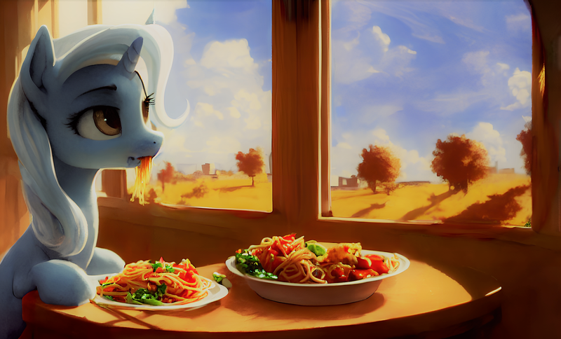 Size: 2058x1246 | Tagged: safe, derpibooru import, machine learning assisted, trixie, pony, unicorn, dinner, eating, food, image, pasta, png, solo, spaghetti, table, wallpaper, window
