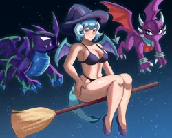 Size: 800x640 | Tagged: safe, artist:tzc, derpibooru import, princess ember, dragon, human, blackout, bra, broom, clothes, commission, crossover, cynder, female, flying, flying broomstick, hat, high heels, horn, horned humanization, humanized, image, jpeg, night, panties, shoes, spyro the dragon (series), stars, tail, tailed humanization, underwear, witch, witch hat