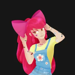 Size: 2048x2048 | Tagged: safe, artist:pleasantlypony, derpibooru import, apple bloom, human, the cutie pox, black background, clothes, flower, humanized, image, jpeg, multiple cutie marks, overalls, shirt, simple background, solo, t-shirt