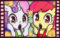 Size: 1005x637 | Tagged: safe, artist:fipoki, derpibooru import, apple bloom, sweetie belle, earth pony, pony, unicorn, blushing, coin, female, filly, film reel, foal, hooves on cheeks, image, jpeg, looking at you, open mouth