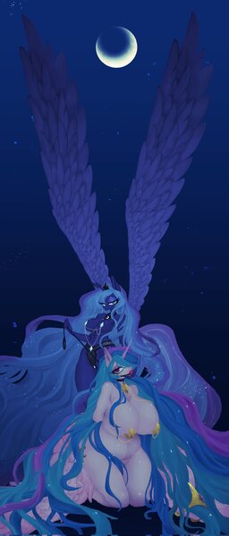 Size: 1746x4096 | Tagged: questionable, artist:vanityamaryllis, derpibooru import, princess celestia, princess luna, anthro, abs, ballgag, belly button, breasts, busty princess celestia, busty princess luna, clothes, collar, crescent moon, female, femsub, gag, hair over one eye, image, incest, jewelry, jpeg, kneeling, large wings, leash, lesbian, looking at you, lunadom, moon, night, nudity, panties, partial nudity, pasties, princest, shipping, siblings, sisters, spread wings, strategically covered, sublestia, submissive, tiara, topless, underwear, wings