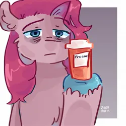 Size: 2048x2048 | Tagged: safe, artist:dmitrymemovznok, derpibooru import, pinkie pie, earth pony, pony, female, image, jpeg, medication, pinkamena diane pie, prozac, sad, solo