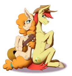 Size: 2540x2688 | Tagged: safe, artist:twotail813, derpibooru import, bright mac, pear butter, earth pony, pony, brightbutter, couple, female, guitar, image, male, musical instrument, png, shipping, simple background, sitting, smiling, straight