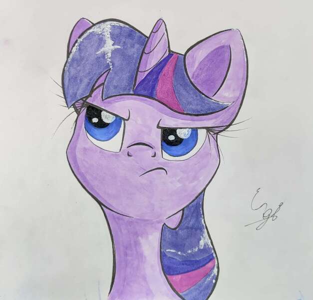 Size: 1624x1555 | Tagged: safe, artist:engi, derpibooru import, twilight sparkle, pony, unicorn, female, frown, image, irritated, jpeg, simple background, solo, traditional art, watercolor painting