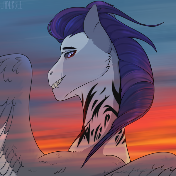 Size: 2048x2048 | Tagged: oc name needed, safe, artist:enderbee, derpibooru import, oc, pegasus, pony, blurry background, commission, image, looking at you, male, pegasus oc, png, simple background, smiling, smiling at you, stallion, sunrise, tattoo, wings