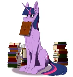 Size: 2540x2688 | Tagged: safe, artist:twotail813, edit, twilight sparkle, pony, unicorn, book, bookhorse, female, horn, image, mouth hold, png, scroll, simple background, sitting, smiling, solo, unicorn twilight, white background, wingless, wingless edit