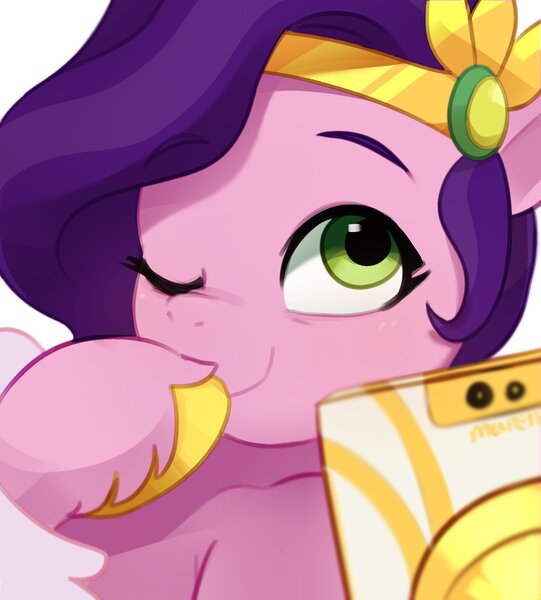 Size: 1532x1699 | Tagged: safe, artist:maren, derpibooru import, pipp petals, pegasus, pony, adorapipp, cute, female, g5, image, jpeg, mare, mobile phone, one eye closed, phone, princess pipp, selfie, smartphone, solo, unshorn fetlocks, wink