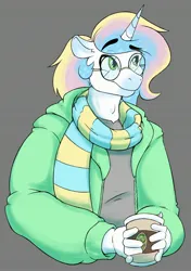 Size: 2040x2896 | Tagged: safe, artist:brewheardt, derpibooru import, oc, oc:lunar moon, unofficial characters only, anthro, clothes, coffee, glasses, image, jpeg, scarf