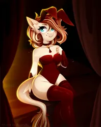 Size: 1975x2500 | Tagged: suggestive, artist:buvanybu, derpibooru import, oc, unofficial characters only, anthro, bunny suit, clothes, female, image, jpeg, leonine tail, looking at you, sitting, smiling, smiling at you, solo, tail