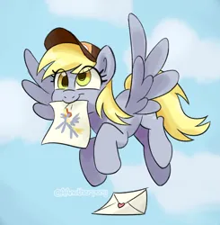 Size: 1398x1427 | Tagged: safe, artist:aanotherpony, derpibooru import, derpy hooves, pegasus, pony, cloud, cute, derpabetes, drawing, flying, hat, image, jpeg, letter, mailmare, mouth hold, sky, smiling, spread wings, wings