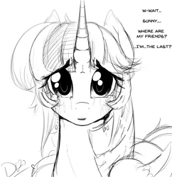 Size: 3000x3100 | Tagged: safe, artist:thelunarmoon, derpibooru import, twilight sparkle, twilight sparkle (alicorn), alicorn, pony, crying, dialogue, feels, image, implied sunny starscout, offscreen character, png, sad, simple background, sketch, solo, talking, white background