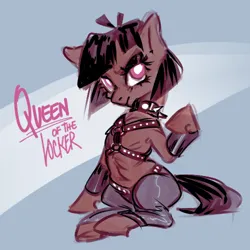 Size: 500x500 | Tagged: suggestive, artist:bunchi, derpibooru import, oc, ponified, earth pony, pony, abs, bangs, black hair, bobcut, chest fluff, choker, collar, dominatrix, eyelashes, female, frog (hoof), gachimuchi, harness, hooves, image, leather, looking at you, meme, muscles, png, purple eyes, shiny, short hair, simple background, solo, solo female, solo focus, studs, tack, underhoof