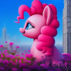 Size: 1024x1024 | Tagged: safe, derpibooru import, machine learning generated, stable diffusion, pinkie pie, earth pony, pony, chest fluff, city, cityscape, female, flower, horizon, image, mare, png, side view, skyscraper, solo