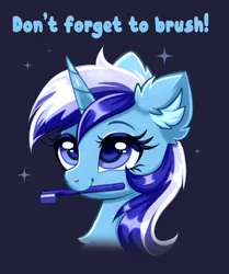 Size: 2818x3366 | Tagged: safe, artist:confetticakez, derpibooru import, minuette, pony, unicorn, brushie, bust, chest fluff, cute, ear fluff, female, image, mare, minubetes, mouth hold, png, portrait, smiling, solo, toothbrush