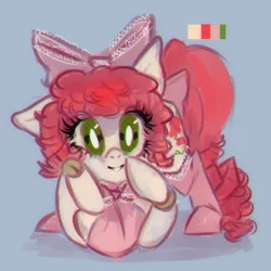 Size: 500x500 | Tagged: safe, artist:bunchi, derpibooru import, oc, oc:poppy doll, earth pony, pony, bow, bowtie, chest fluff, cleavage fluff, clothes, curly hair, cute, face down ass up, green eyes, hair bow, image, lace, long hair, long mane, long tail, looking at you, png, redesign, simple background, smiling, smiling at you, socks, solo, stockings, tail, thigh highs